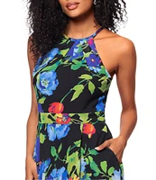 Betsy & Adam Chiffon Floral Print Halter Neck Sleeveless Blouson Gown