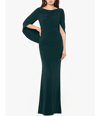 Betsy & Adam Cowl Neck Sleeveless Draped Back Mermaid Gown