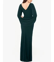 Betsy & Adam Cowl Neck Sleeveless Draped Back Mermaid Gown