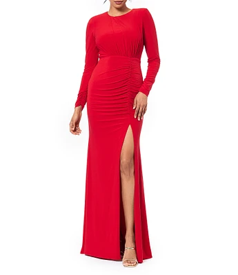 Betsy & Adam Crew Neck Long Sleeve Ruched Detail Slit Hem Sheath Dress