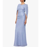 Betsy & Adam Drape Back Detail 3/4 Cape Sleeve Draped Round Neck Metallic Crinkle Ruched Sheath Gown
