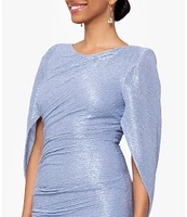 Betsy & Adam Drape Back Detail 3/4 Cape Sleeve Draped Round Neck Metallic Crinkle Ruched Sheath Gown