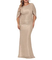Betsy & Adam Plus Size Draped Back 3/4 Cape Sleeve Round Neck Metallic Crinkled Ruched Sheath Gown