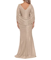Betsy & Adam Plus Size Draped Back 3/4 Cape Sleeve Round Neck Metallic Crinkled Ruched Sheath Gown