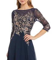 Betsy & Adam Embroidered Bodice Boat Neck 3/4 Sleeve Chiffon Gown