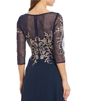 Betsy & Adam Embroidered Bodice Boat Neck 3/4 Sleeve Chiffon Gown