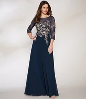 Betsy & Adam Embroidered Bodice Boat Neck 3/4 Sleeve Chiffon Gown