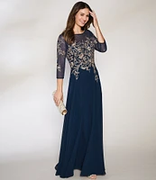 Betsy & Adam Embroidered Bodice Boat Neck 3/4 Sleeve Chiffon Gown