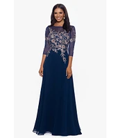 Betsy & Adam Embroidered Bodice Boat Neck 3/4 Sleeve Chiffon Gown