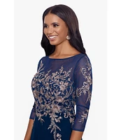 Betsy & Adam Embroidered Bodice Boat Neck 3/4 Sleeve Chiffon Gown