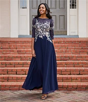 Betsy & Adam Embroidered Bodice Boat Neck 3/4 Sleeve Chiffon Gown