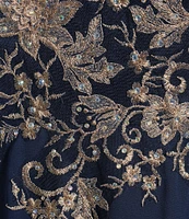 Betsy & Adam Embroidered Bodice Boat Neck 3/4 Sleeve Chiffon Gown
