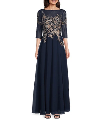 Betsy & Adam Embroidered Bodice Boat Neck 3/4 Sleeve Chiffon Gown