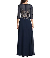 Betsy & Adam Embroidered Bodice Boat Neck 3/4 Sleeve Chiffon Gown