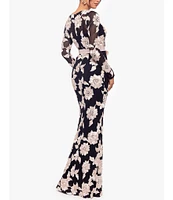 Betsy & Adam Floral Embroidered Mesh Crew Neck Long Sleeve Tie Waist Gown