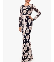 Betsy & Adam Floral Embroidered Mesh Crew Neck Long Sleeve Tie Waist Gown