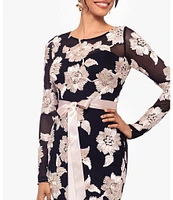 Betsy & Adam Floral Embroidered Mesh Crew Neck Long Sleeve Tie Waist Gown