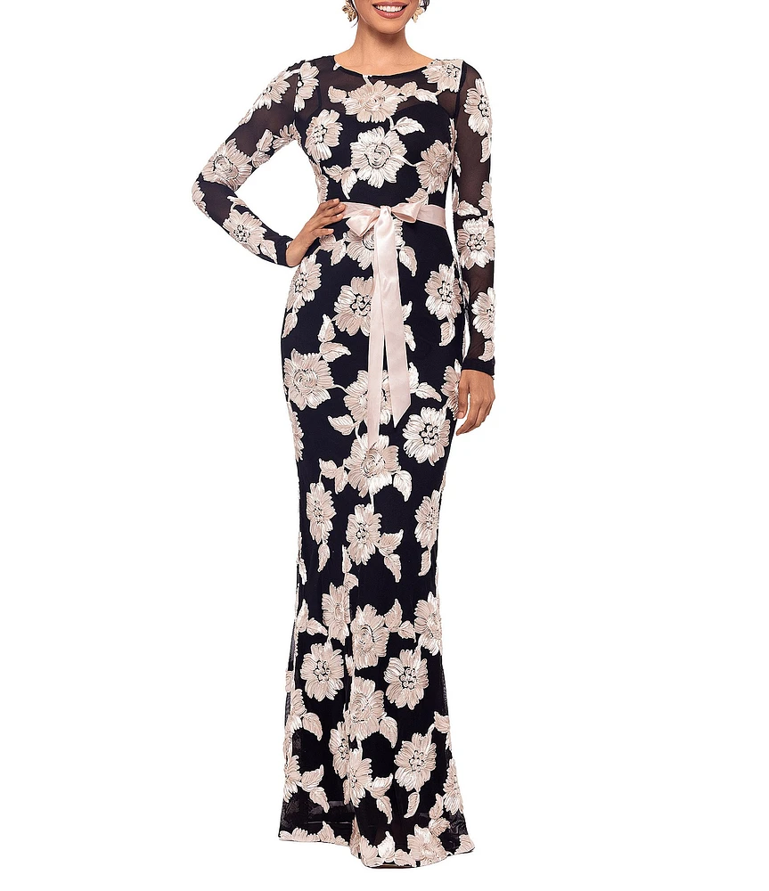 Betsy & Adam Floral Embroidered Mesh Crew Neck Long Sleeve Tie Waist Gown