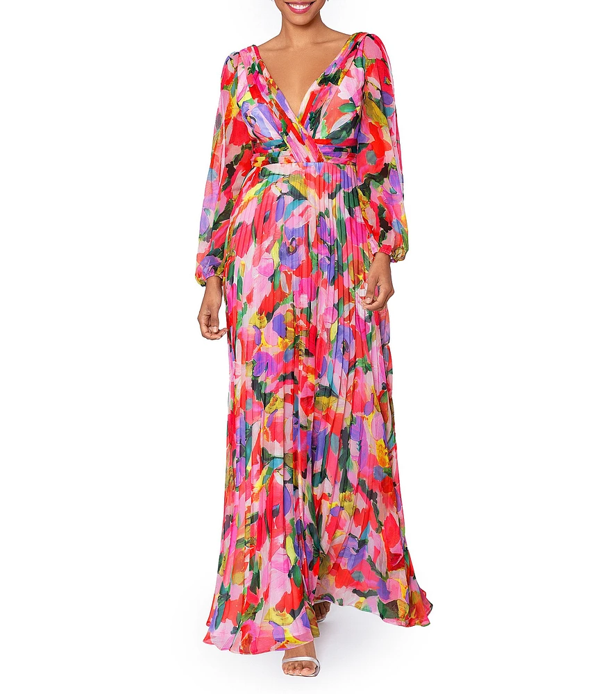 Betsy & Adam Floral V-Neck Long Sleeve Pleated Gown