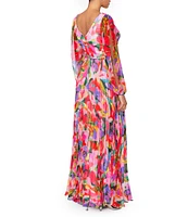 Betsy & Adam Floral V-Neck Long Sleeve Pleated Gown