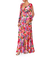 Betsy & Adam Floral V-Neck Long Sleeve Pleated Gown