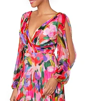 Betsy & Adam Floral V-Neck Long Sleeve Pleated Gown