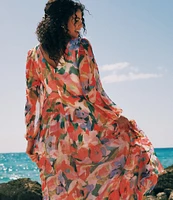 Betsy & Adam Floral V-Neck Long Sleeve Pleated Gown