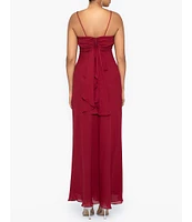 Betsy & Adam Georgette Square Neck Sleeveless Drape Front Sash Back Gown