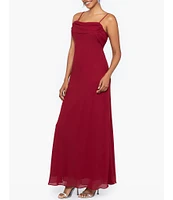 Betsy & Adam Georgette Square Neck Sleeveless Drape Front Sash Back Gown