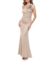 Betsy & Adam Glitter One Shoulder Neck Sleeveless Rosette Fit and Flare Gown