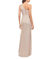 Betsy & Adam Glitter One Shoulder Neck Sleeveless Rosette Fit and Flare Gown
