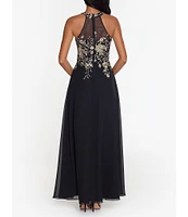 Betsy & Adam Halter Neck Floral Embroidered Sleeveless Chiffon Gown