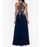 Betsy & Adam Halter Neck Floral Embroidered Sleeveless Chiffon Gown