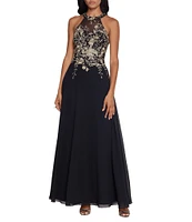 Betsy & Adam Halter Neck Floral Embroidered Sleeveless Chiffon Gown