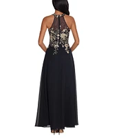 Betsy & Adam Halter Neck Floral Embroidered Sleeveless Chiffon Gown
