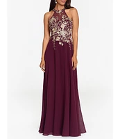 Betsy & Adam Halter Neck Floral Embroidered Sleeveless Chiffon Gown