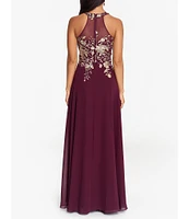 Betsy & Adam Halter Neck Floral Embroidered Sleeveless Chiffon Gown