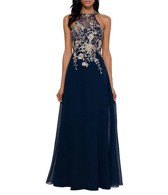 Betsy & Adam Halter Neck Floral Embroidered Sleeveless Chiffon Gown