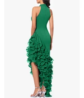 Betsy & Adam Halter Neck Asymmetrical Ruffle High-Low Gown