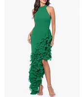 Betsy & Adam Halter Neck Asymmetrical Ruffle High-Low Gown