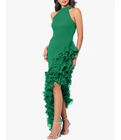 Betsy & Adam Halter Neck Asymmetrical Ruffle High-Low Gown