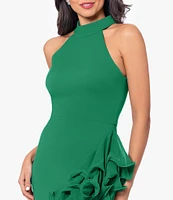 Betsy & Adam Halter Neck Asymmetrical Ruffle High-Low Gown