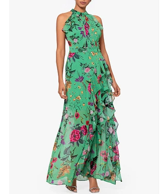 Betsy & Adam Halter Neck Ruffle Front Floral Print Maxi Dress