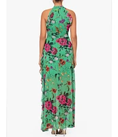 Betsy & Adam Halter Neck Ruffle Front Floral Print Maxi Dress