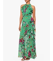 Betsy & Adam Halter Neck Ruffle Front Floral Print Maxi Dress