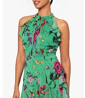 Betsy & Adam Halter Neck Ruffle Front Floral Print Maxi Dress