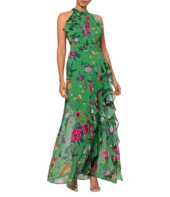 Betsy & Adam Halter Neck Ruffle Front Floral Print Maxi Dress