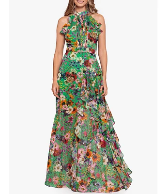 Betsy & Adam Halter Neck Sleeveless Ruffle Front Floral Chiffon Maxi Dress