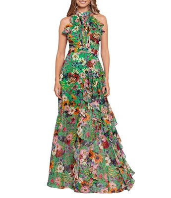 Betsy & Adam Halter Neck Sleeveless Ruffle Front Floral Chiffon Maxi Dress