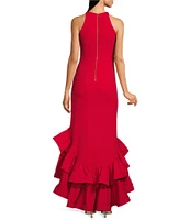 Betsy & Adam Round Neck Sleeveless Ruffle High-Low Stretch Crepe Gown